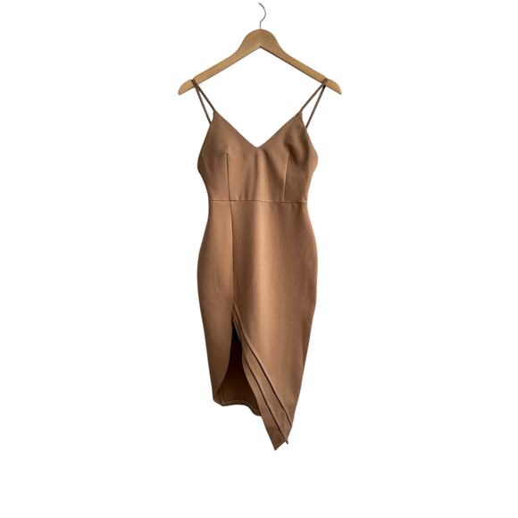 NEW Revolve About Us Camel Brown Asymmetrical Midi Bodycon Slit Dress Size XS - Picture 1 of 12